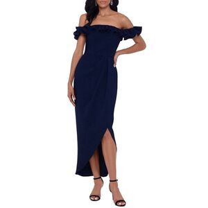 XSCAPE Off The Shoulder Ruffle Midi Gown Dress Women's 8 Navy Blue NWT